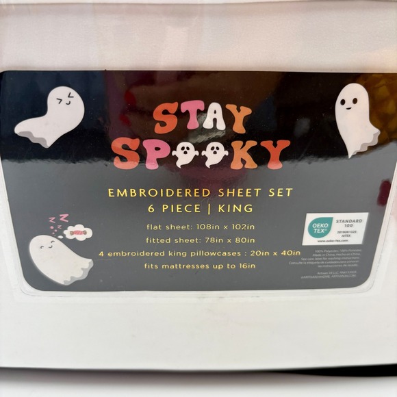 Artisan Home HALLOWEEN Stay Spooky Ghost Embroidered Sheet Set 6 Piece King - Picture 2 of 3